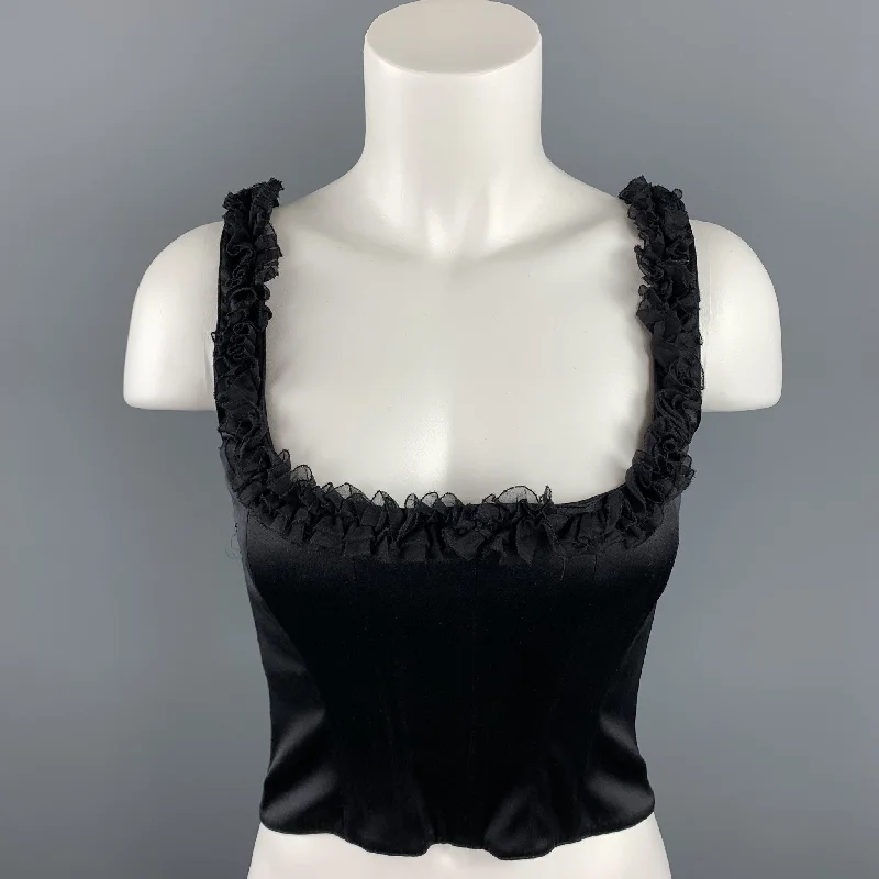 DONNA KARAN Size 10 Black Satin Silk Blend Ruffled Bustier Dress Top