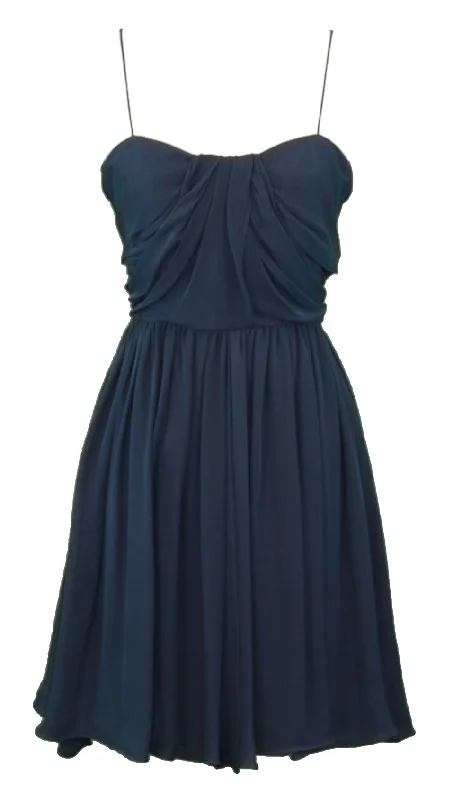 ELIZABETH MCKAY Navy Blue Silk Spaghetti Strap Pleated Tea Dress 5059 $260 NWT