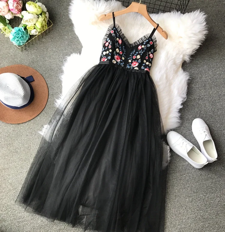 Embroidered Flower high waist thin mesh puffy dress  3397