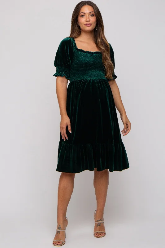 Forest Green Velvet Smocked Puff Sleeve Maternity Dress