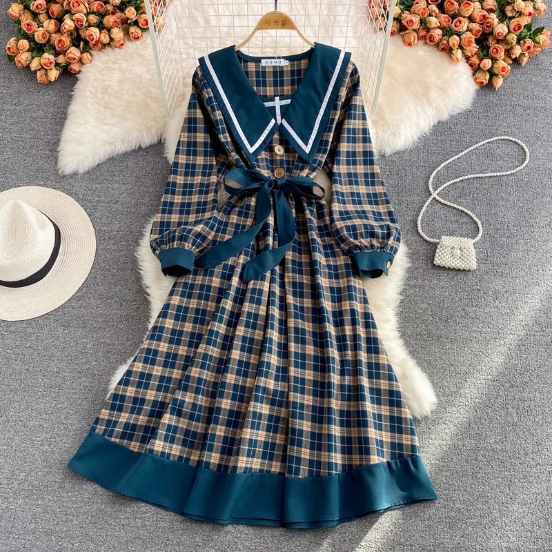 Gentle wind baby collar Plaid Dress  3367