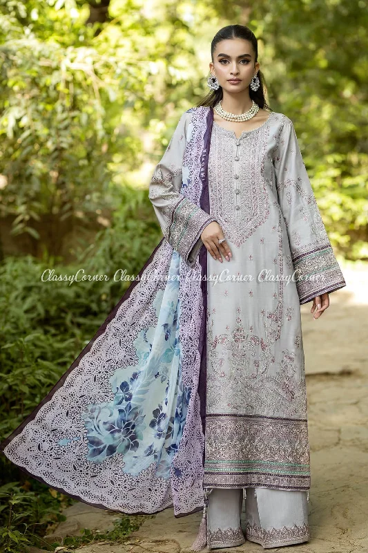 Grey Purple Formal Wear Lawn Suit