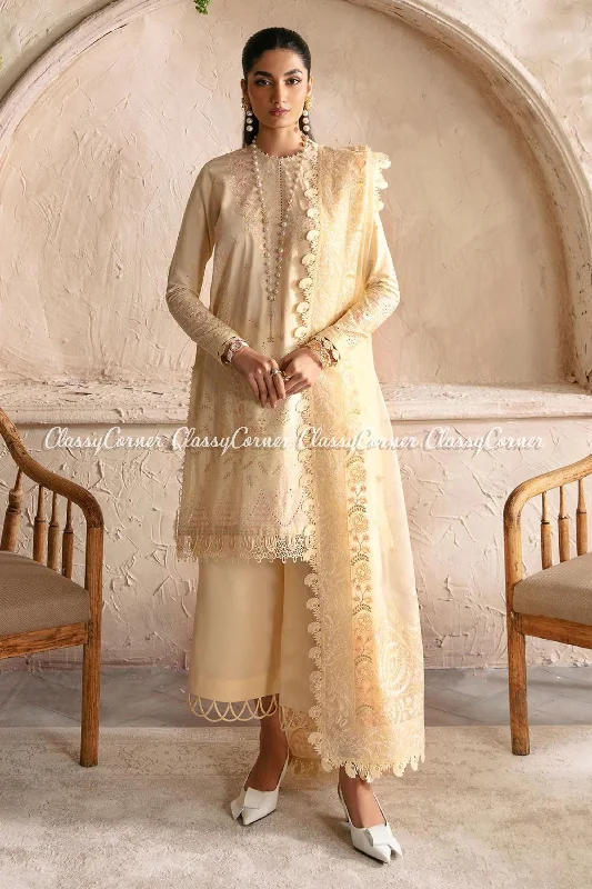 Light Yellow Lawn Embroidered Pakistani Suit