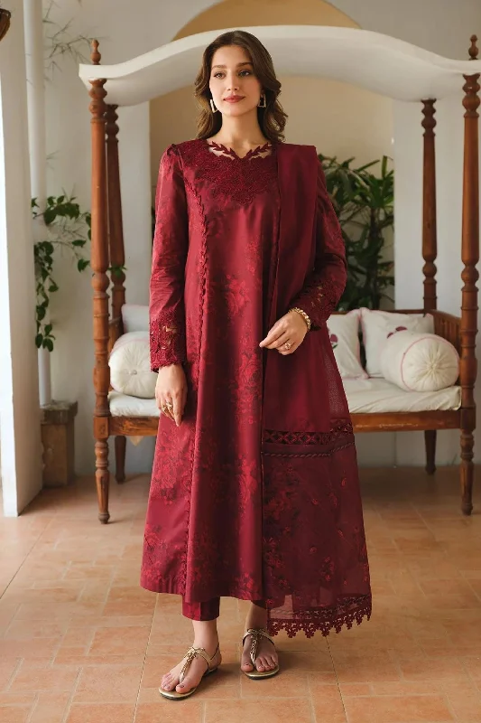 Maroon Red 3pc Lawn Frock Outfit