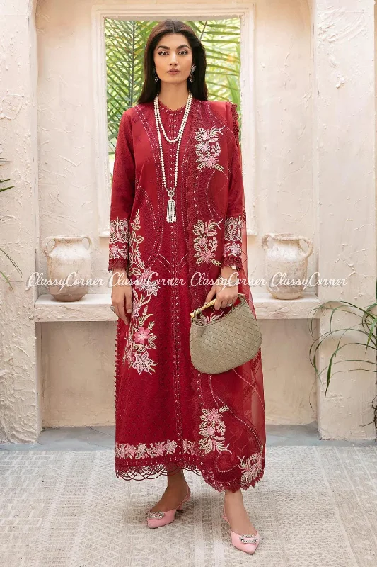 Maroon Red Lawn Embroidered 3pc Salwar Suit