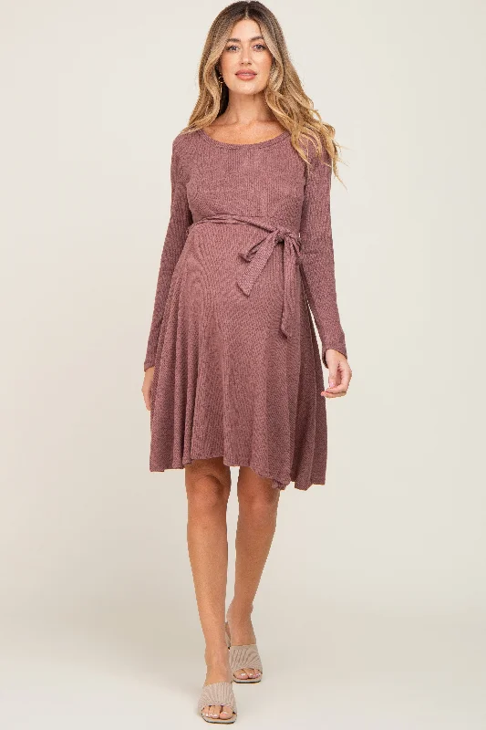 Mauve Soft Rib Knit Sash Tie Maternity Dress