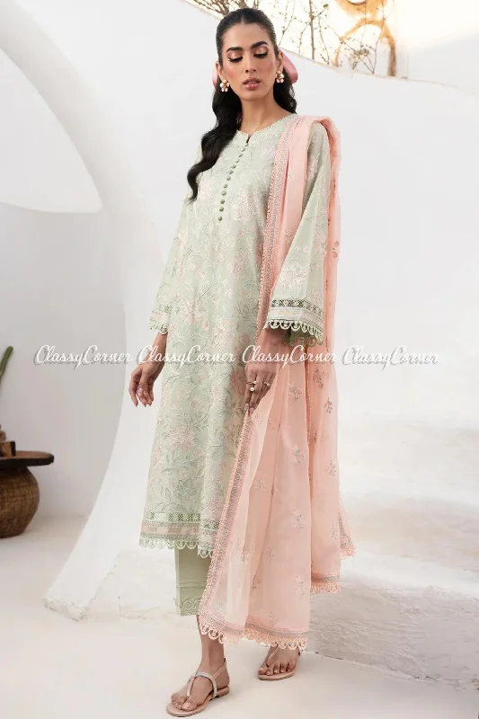 Mint Peach Lawn Embroidered Pakistani Suit