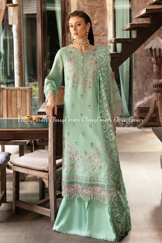 Mint Pink Lawn Embroidered Sharara Suit