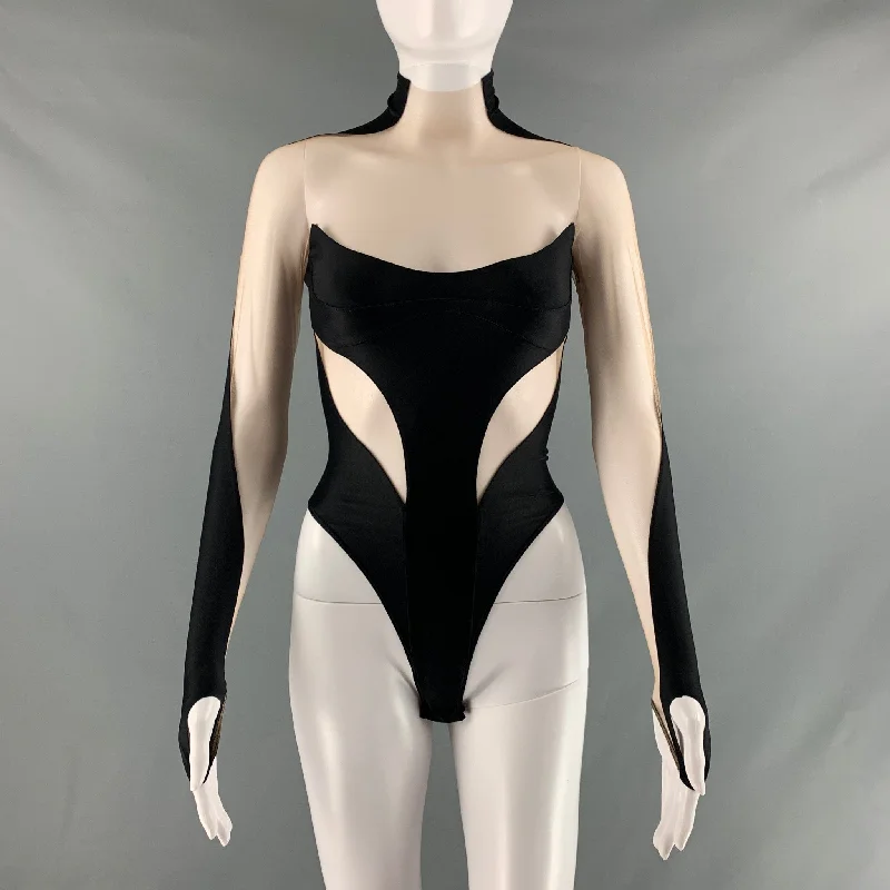 MUGLER Size 2 Black & Beige Polyamide Elastane Mesh Body suit Dress Top