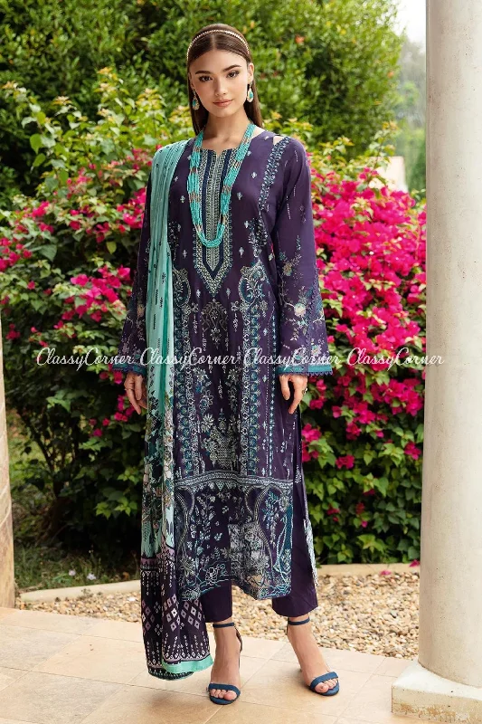 Navy Blue Embroidered Lawn Salwar Kameez