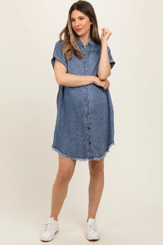 Navy Chambray Frayed Button Down Maternity Dress