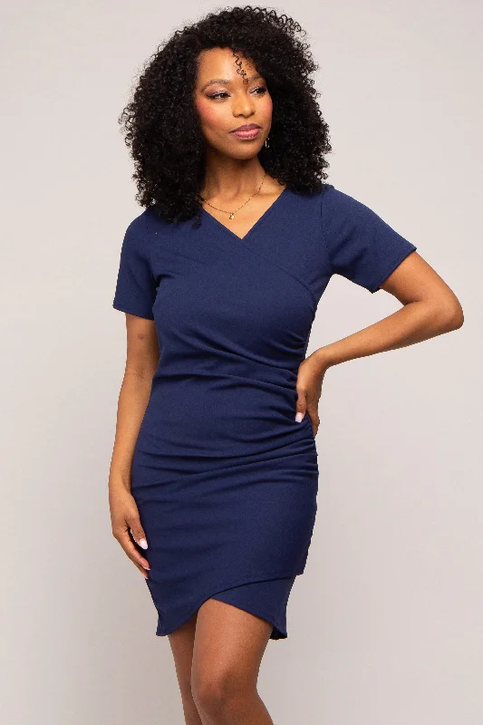 Navy Ruched Wrap Tulip Hem Fitted Dress