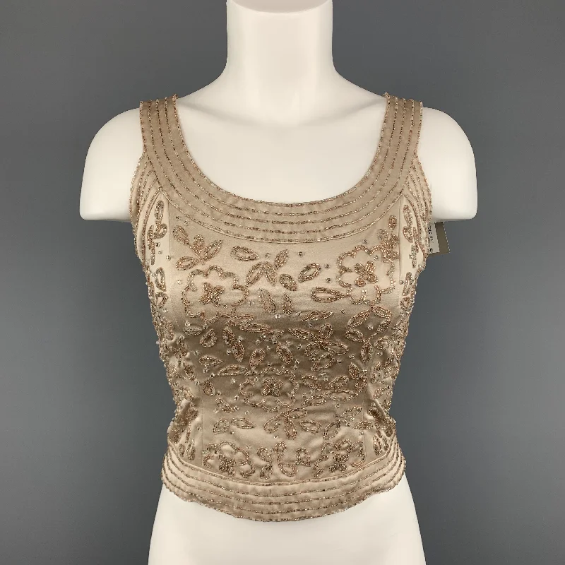 Vintage NEIMAN MARCUS Size 2 Beige Beaded Satin Shell Top