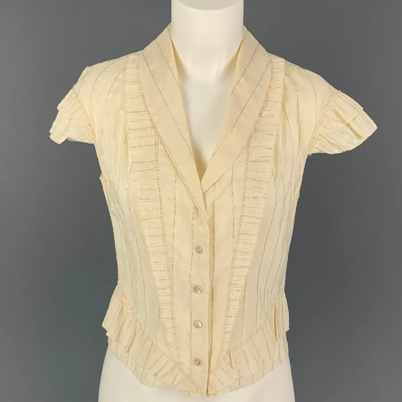 NINA RICCI Size 6 Cream Gold Cotton Blend Stripe Ruffle Dress Top