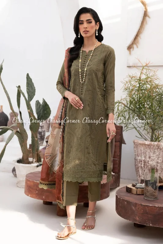 Olive Green Embroidered Lawn Pakistani Suit