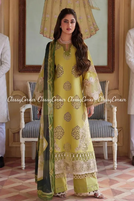 Olive Green Schiffli Lawn Pakistani Suit