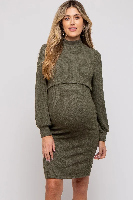 Olive Rib Knit Mock Neck Maternity Nursing Dress