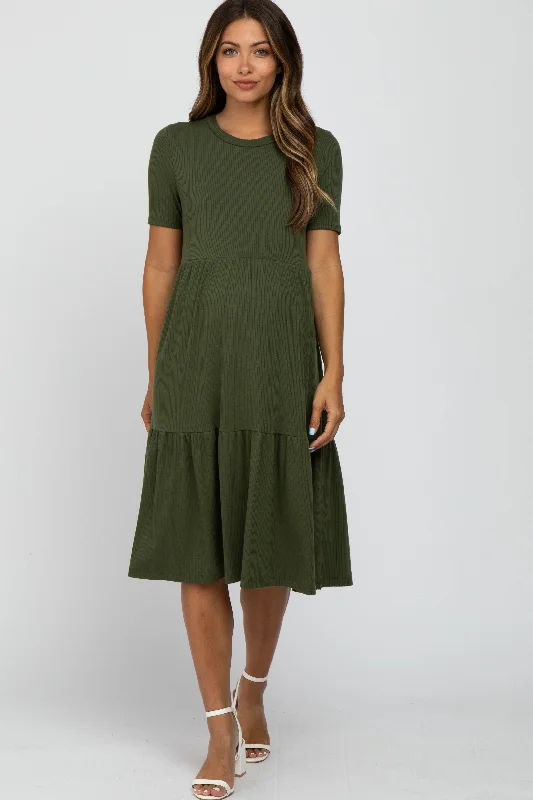 Olive Ribbed Tiered Maternity Dress