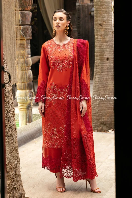 Orange Red Lawn Embroidered Formal Suit