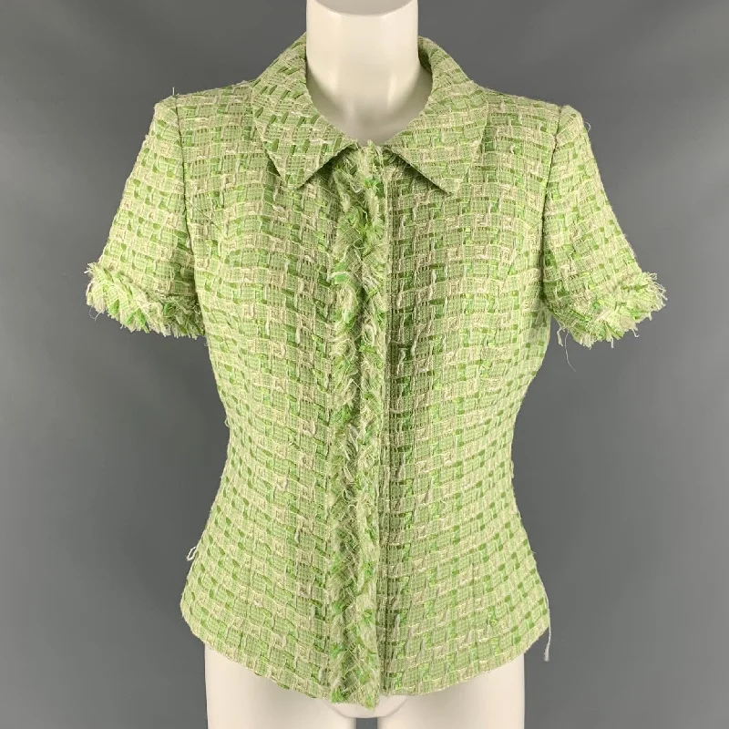 OSCAR DE LA RENTA Size 8 Green White Polyamide Blend Woven Dress Top