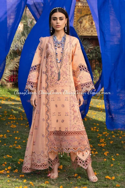 Peach Blue Lawn Embroidered Suit