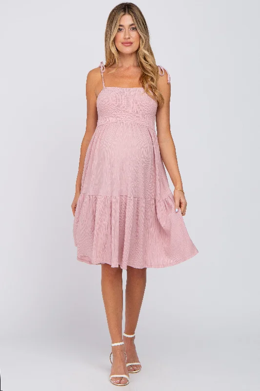 Pink Smocked Shoulder Tie Maternity Dress