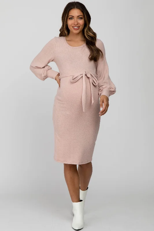 Pink Soft Brushed Waist Tie Bubble Sleeve Maternity Dress