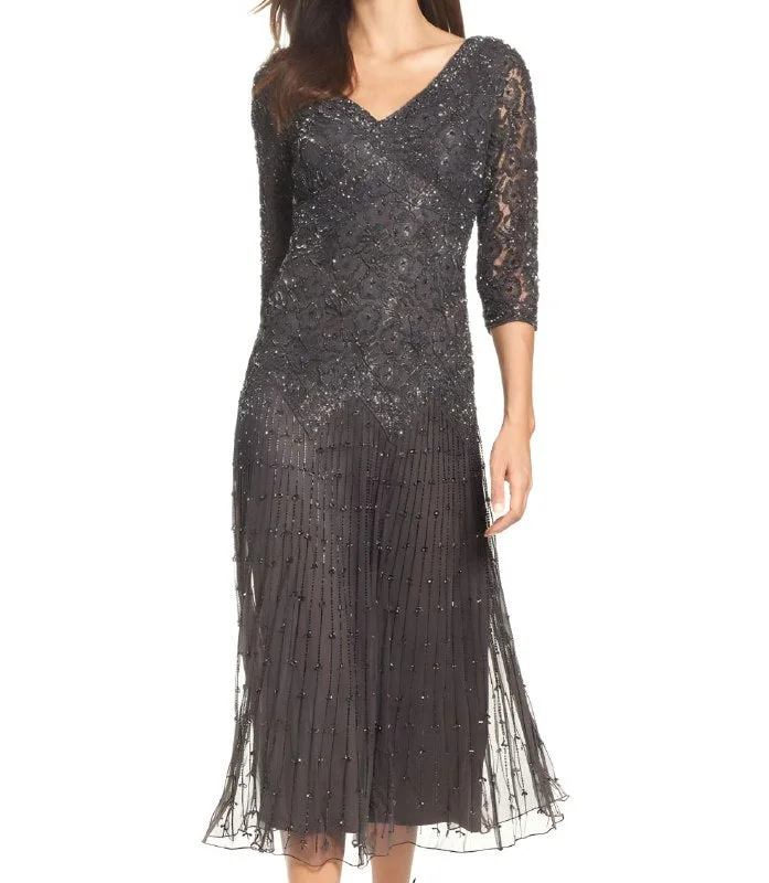 PISARRO NIGHTS Women's Grey Beaded Mesh Embroidered Dress #1151 12 NWT