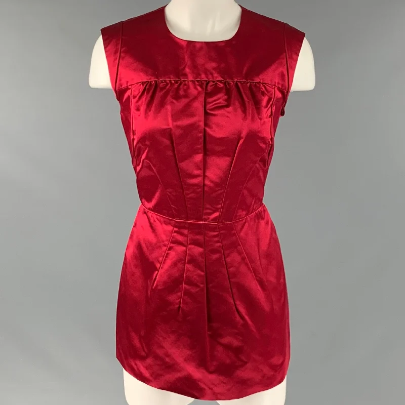 PRADA Size 10 Red Silk Pleated Sleeveless Dress Top