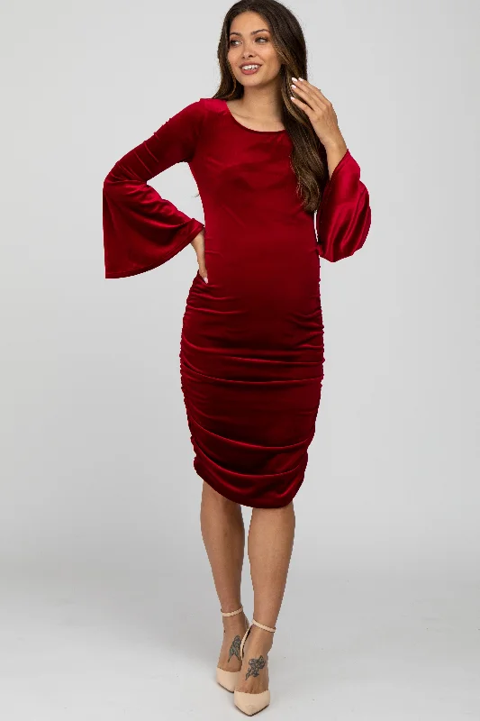 Red Velvet Ruched Bell Sleeve Maternity Dress