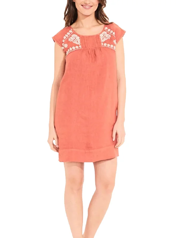 ROBERTA ROLLER RABBIT Women's Coral Dimanche Emb Dress Solid $135 NEW