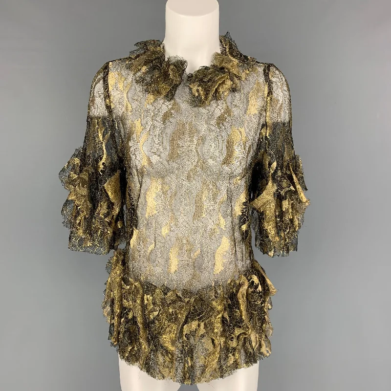 RODARTE Size 8 Gold Black Polyamide Blend 3/4 Sleeves Dress Top