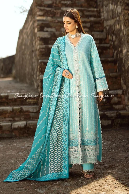 Sea Blue Lawn Embroidered 3pc Suit