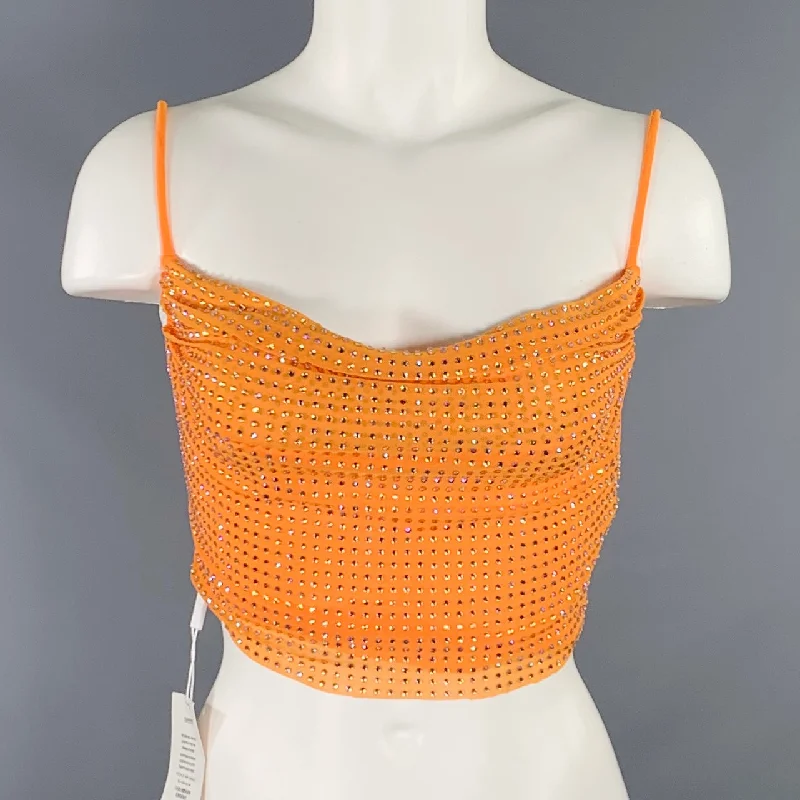 SELF-PORTRAIT Size 4 Hotfix Orange Silver Viscose Blend Rhinestones Cropped Dress Top