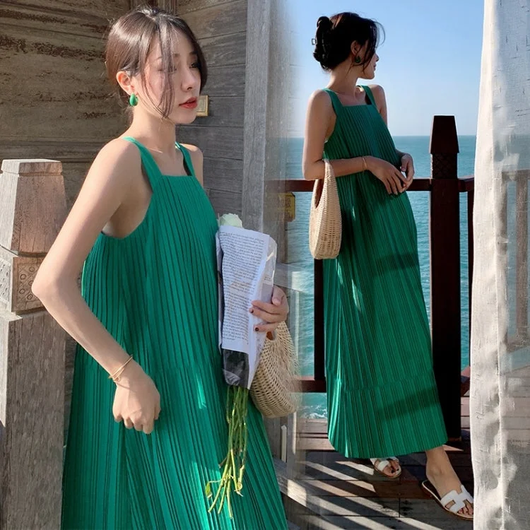 Sleeveless Wrinkle Sling Vest Dress (Color:Green Size:M)