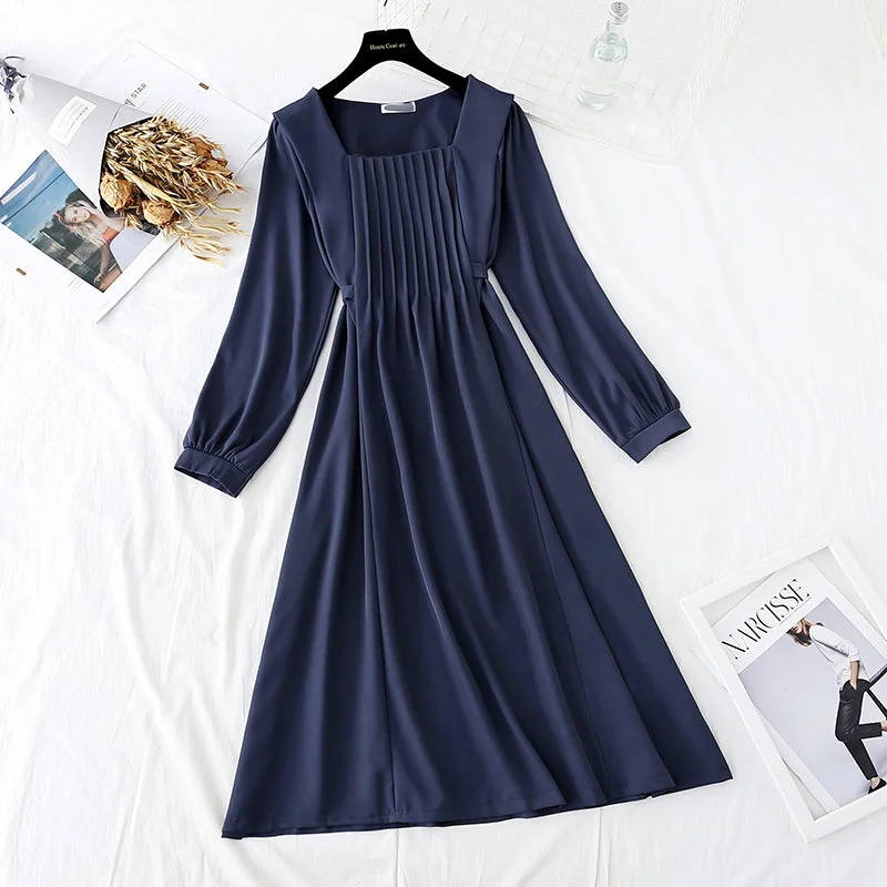 Solid color French retro dress women's wear with thin temperament  3938