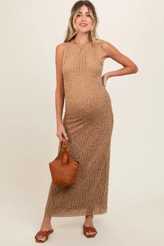 Taupe Fish Net Knit Maternity Dress