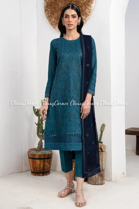 Teal Blue Lawn Embroidered Salwar Kameez