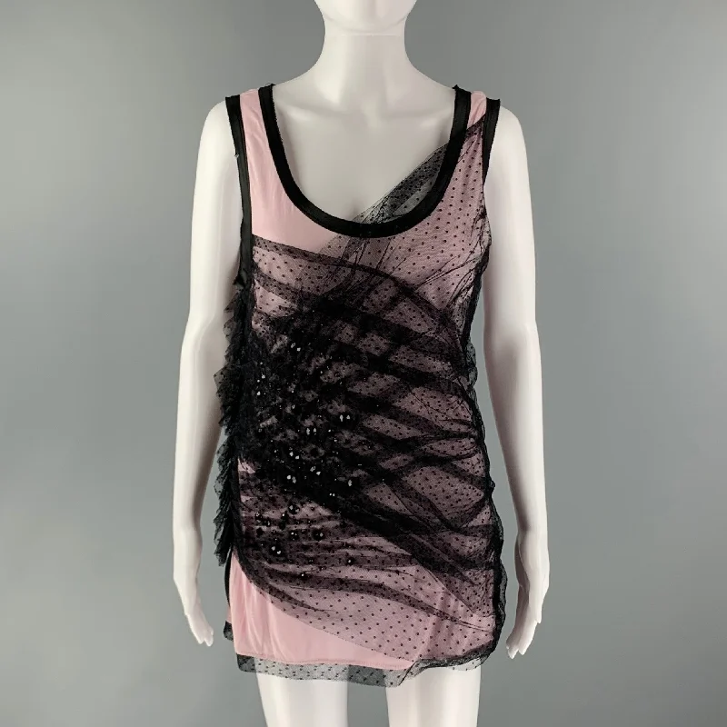 VALENTINO Size 8 Pink Black Cotton Blend Ruched Sleeveless Dress Top