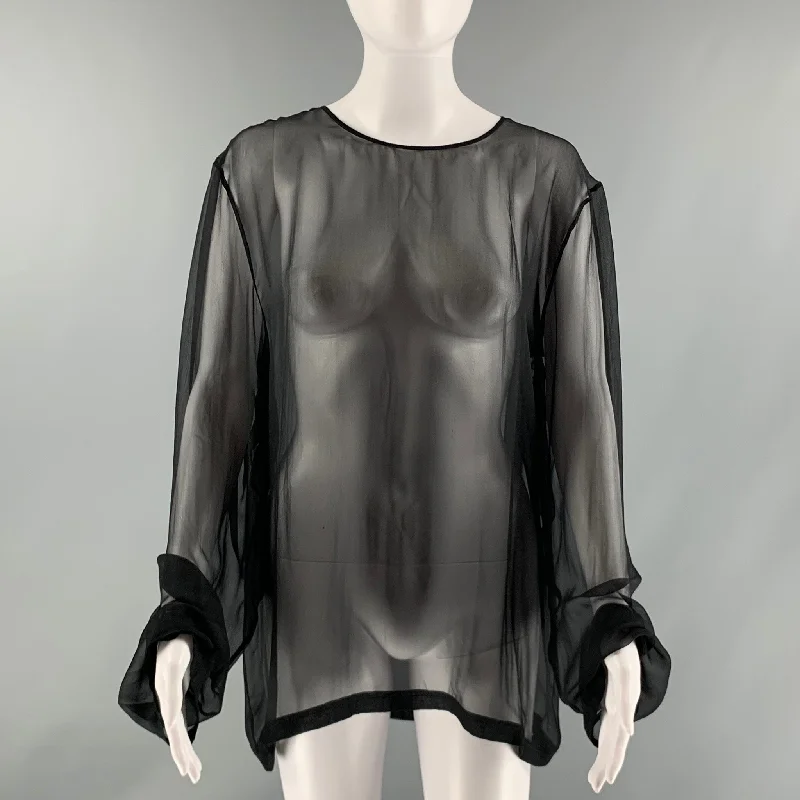 VALENTINO Size L Black Silk Sheer Crew-Neck Dress Top