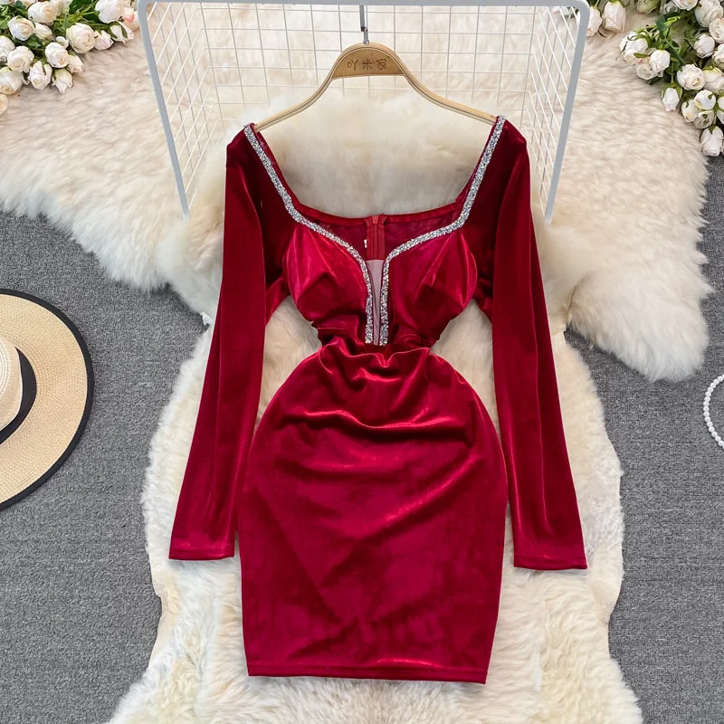 Velvet with diamond temperament, slim waist, sexy hip wrap dress  3750