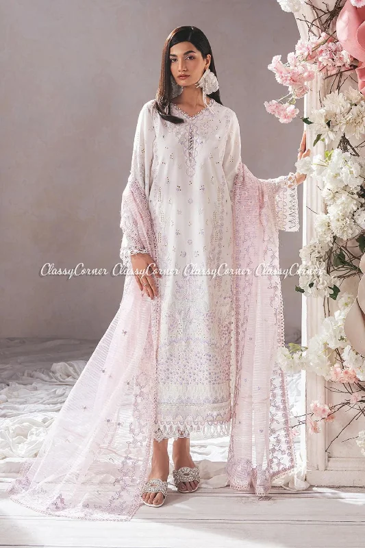 White Purple Lawn Embroidered Salwar Kameez