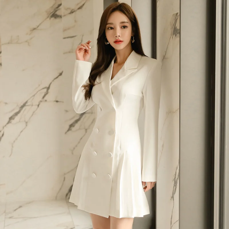 Women Fashion Elegant Double-Breasted Defined Waist A-Line Blazer Dress