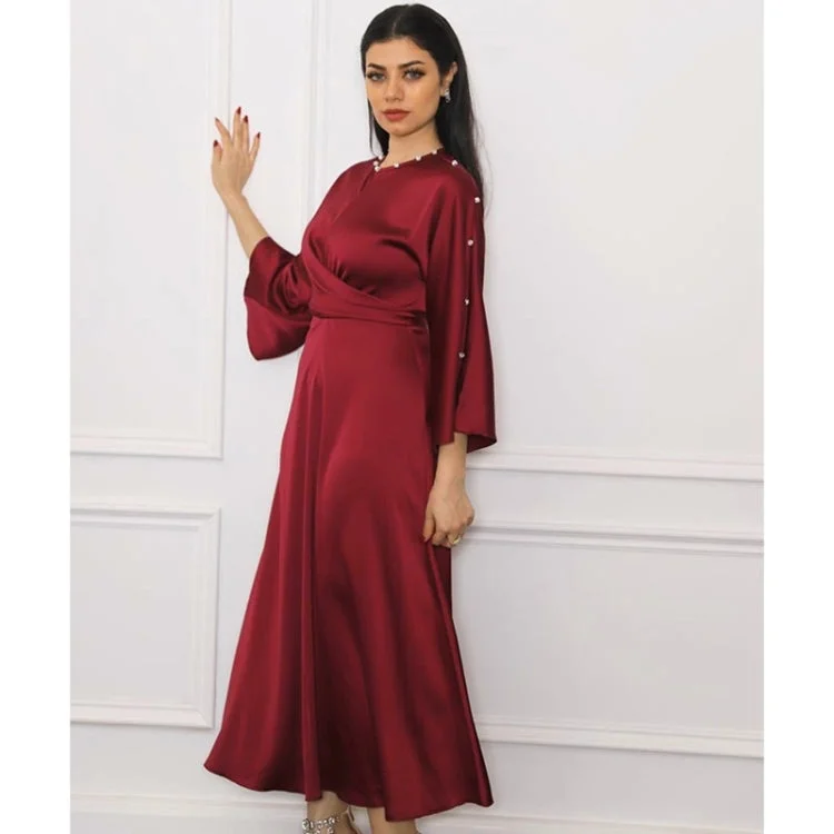 Women Satin Ruffle Sleeve Dress (Color:Red Size:XL)