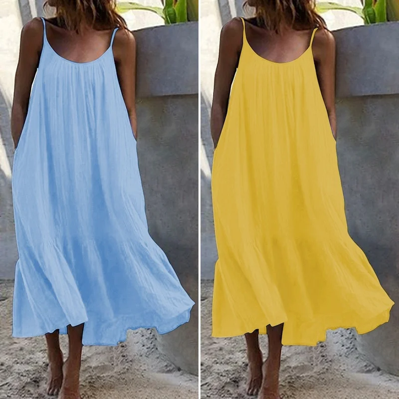 Women'S Fashion Boho Casual Solid Color Ruffle Loose Slip Dress