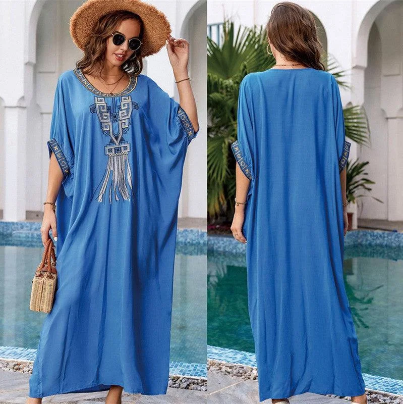 Women's Light Blue Rayon Embroidered Loose Robe