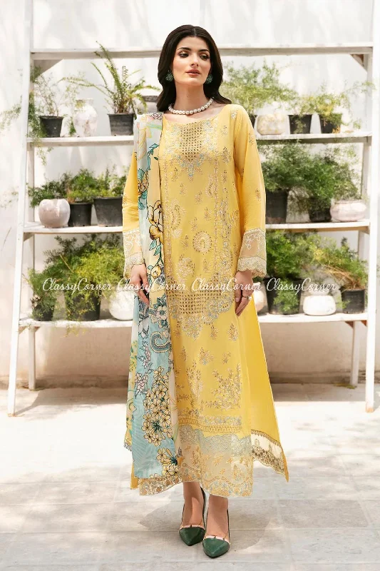 Yellow 3pc Semi Formal Lawn Suit