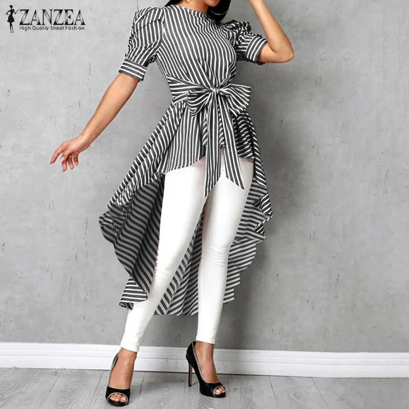 ZANZEA Summer Puff Sleeve Striped Tops High Low Bowknot Blusas