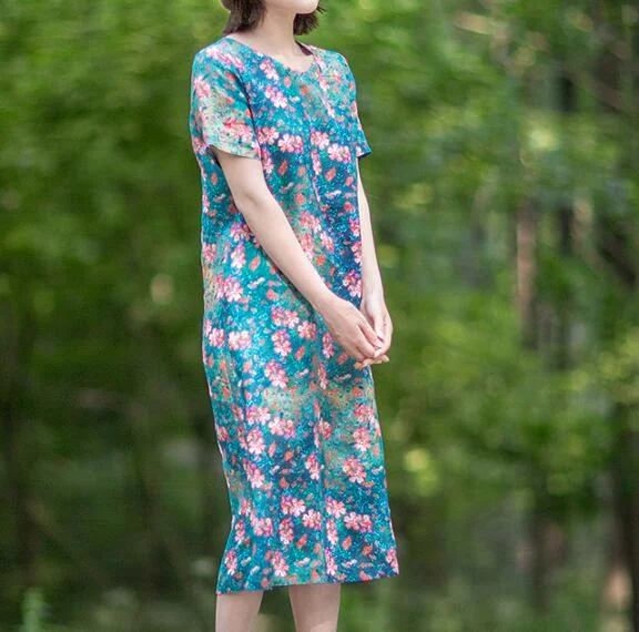 Print Floral 100% Linen Women Dresses Short Sleeves V Neck Spring Summer Women Dresses H9527