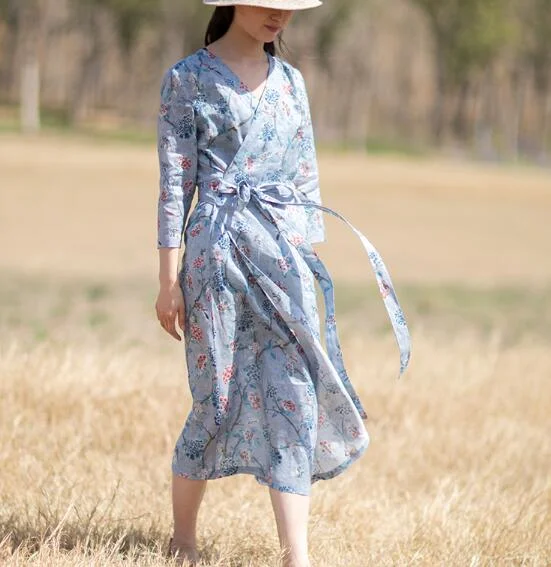 Print Floral 100% Linen Women Dresses 3/4 Sleeves V Neck Spring Summer Women Dresses XH9527